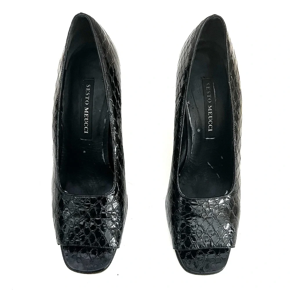 Vintage Sesto Meucci Black Italian Leather Snake Print Peep Toe Pumps W Size 7 M